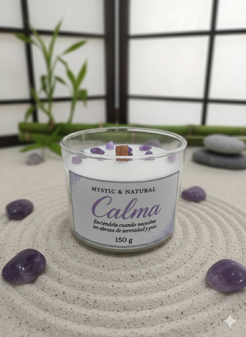 Vela de soja Calma con amatista - para reducir el estrés y la ansiedad, ideal antes de dormir.