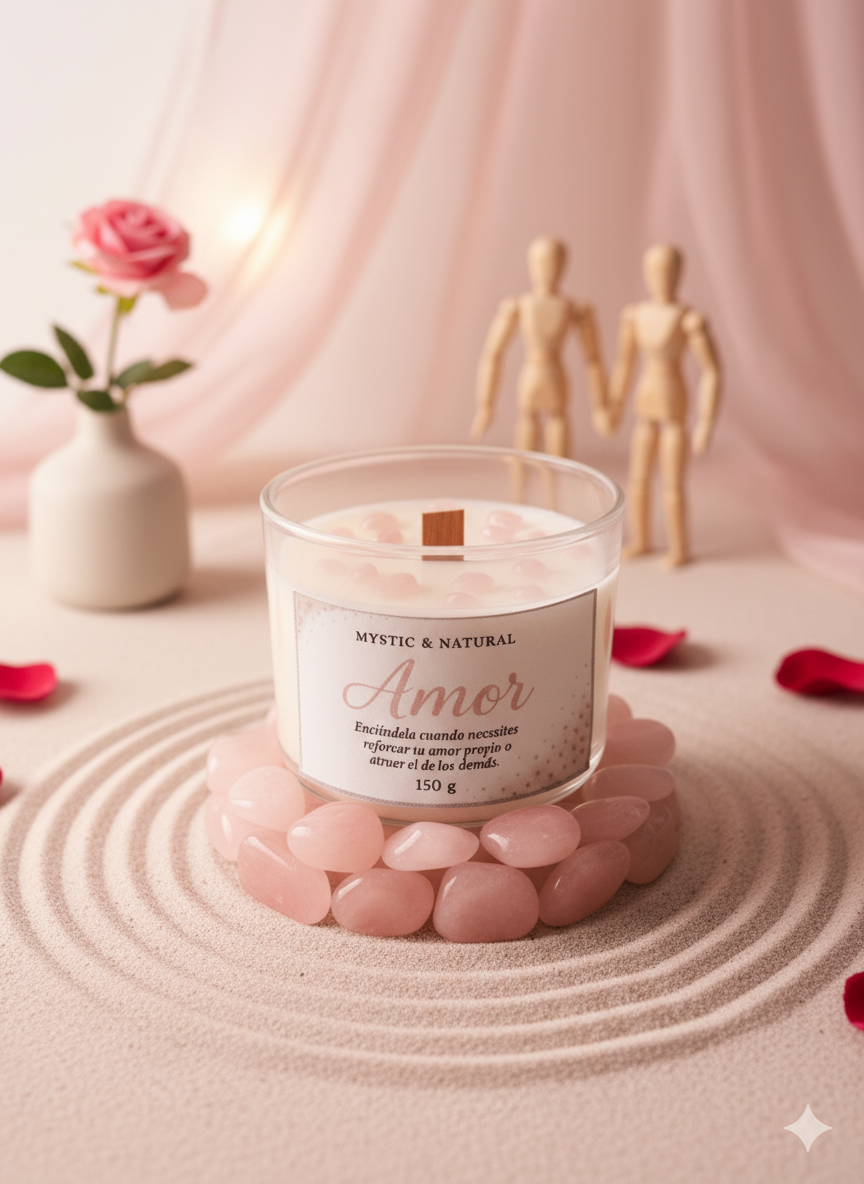 VELA AMOR CON PIEDRA CUARZO ROSA CERA DE SOJA NATURAL