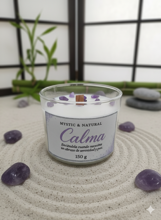 Vela de soja Calma con amatista - para reducir el estrés y la ansiedad, ideal antes de dormir.