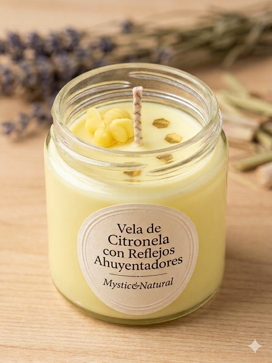 Vela de citronela con reflejos ahuyentadores